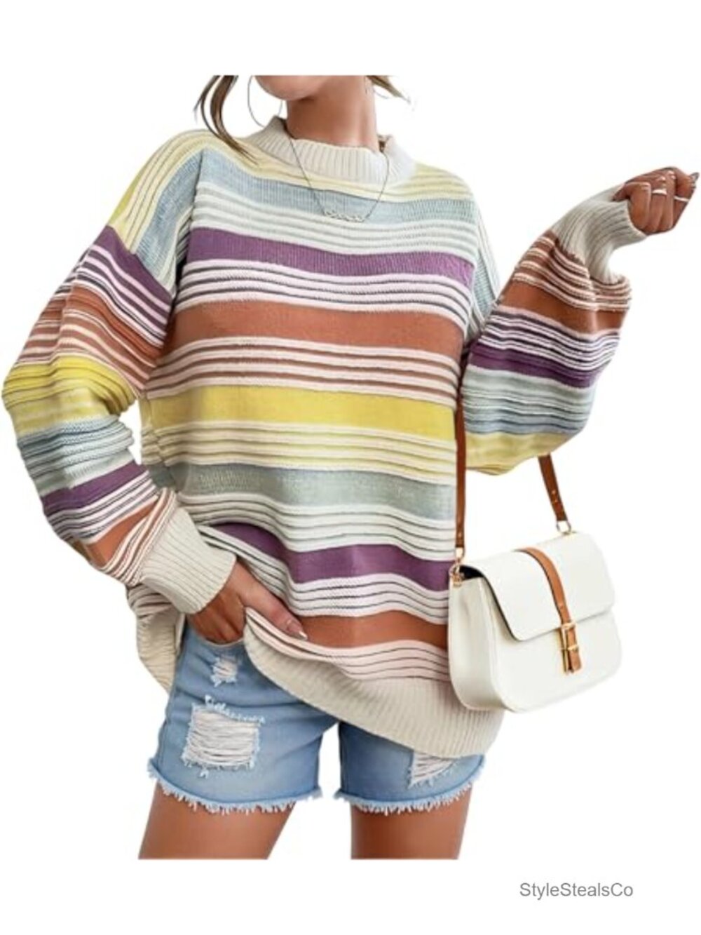 Womens Oversized Crewneck Striped Pullover Sweater Long Sleeve Winter Top